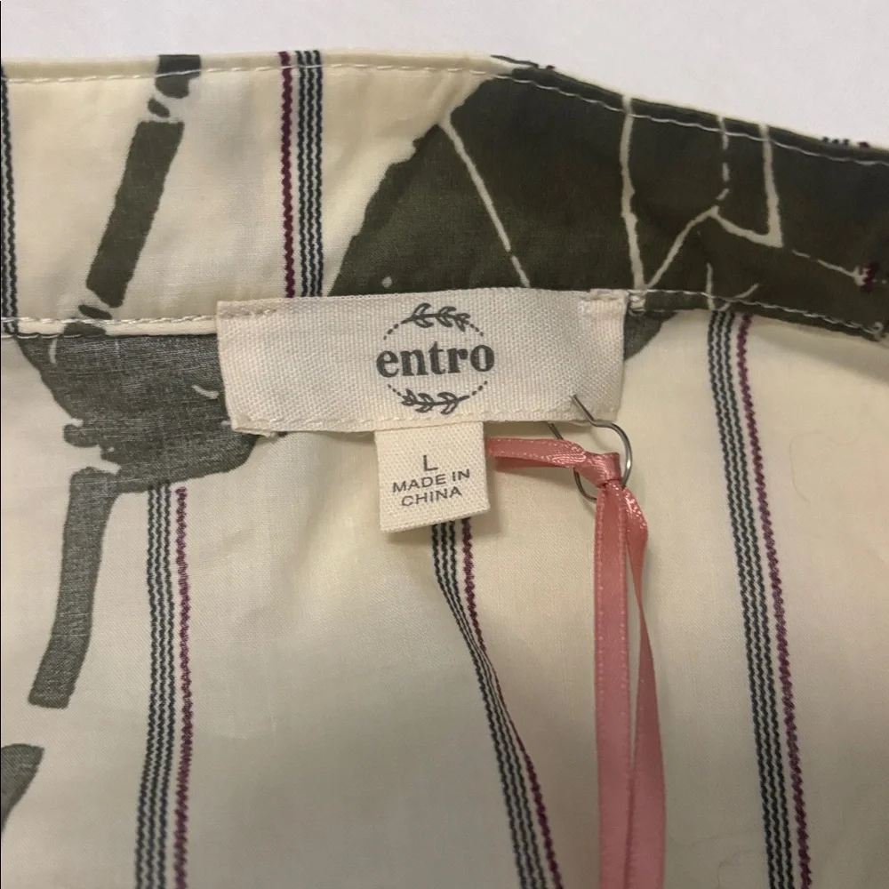 Entro Olive Green Floral Striped Piping Puff Sleeve Babydoll Mini Dress SZ L NWT - Picture 3 of 12